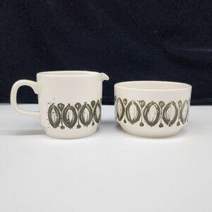 MCM Bilton England Cream and Sugar Bowl Ceramic White Green Ovals VTG